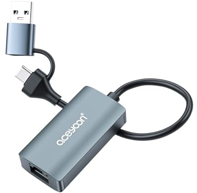 aceyoon Adaptador USB C a Ethernet 2.5G, USB/Tipo C 2 en 1 USB a RJ45 Gigabit LAN (2500 Mbps), adaptador de red de aleación de aluminio USB Lan adaptador para MacBook Matebook Laptop, PC con Windows