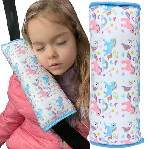 HECKBO Auto Schlafkissen für Kinder Mädchen Jungen - Einhorn - maschinenwaschbar – kuschelweich - Auto Gurtkissen, Gurtschoner, Gurtschutz Sitzerhöhung, Auto Kissen, Reisekissen, Urlaub