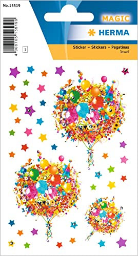 HERMA 15519 Aufkleber Luftballons Glitzer klein groß, 40 Stück, Blumen Sticker mit Ballon Stern Motiv, Kinder Etiketten für Geburtstag Glückwunsch Happy Birthday Scrapbooking Dekoration Briefe Basteln