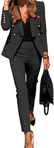 Minetom Damen Zweiteiliger Anzug Set Revers Business Büro Formal Blazer Langarm Anzugjacke Hosenanzug Slim Fit Hose 2 Stück A Schwarz 38
