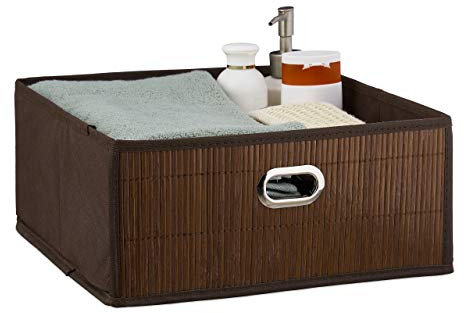 Relaxdays Aufbewahrungskorb Bambus, Badkörbchen quadratisch, Stoff Regalkorb flach, HBT 14 x 31 x 31 cm, faltbar, braun 10034146_93