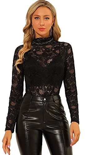 Allegra K Blusa de Encaje Floral Transparente con Cuello simulado de Manga Larga para Mujer Negro XL