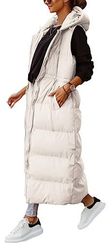 Shanfetl Women's Long Quilted Vest Hooded Maxi Length Sleeveless Puffer Vest Padded Coat Winter Outerwear, Beige, L