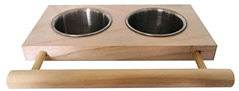 Baoblaze Bird Feeding Dish Cups,Hanging Stainless Steel Parrot Cage Feeder & Water Bowl with Wooden Platform for Parakeet Cockatiels Budgie, Style A,Double Bowl