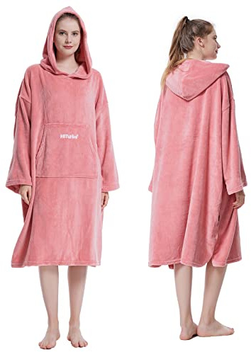 Hiturbo Peignoir à langer en peluche, serviette polaire avec poche, poncho de surf surdimensionné à capuche pour aquatiques et maison (rose)