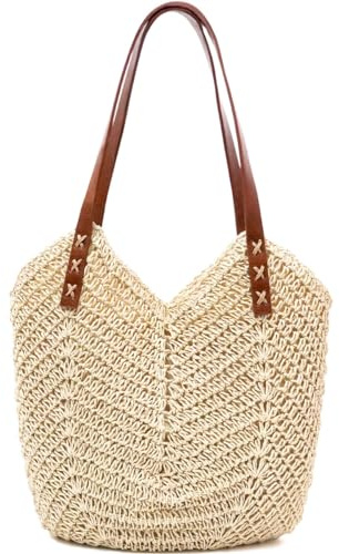 Straw Beach Bag for Women, Summer Straw Tote Bag Handbag with Zip Leather Handles, Retro Handmade Boho Casual Woven Travel Holiday Shoulder Bags for Beach Vacation Outdoor Shopping Daily Use (Beige)