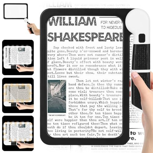 EEEKit Page Magnifier for Reading Books, 5X Magnifying Glass with 48 LED Ultra-Bright, Large Magnifying Sheet with Handle for Elderly Low Vision Aids