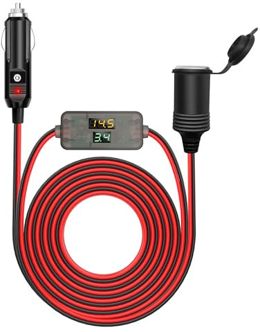 Hoembpn 4M Cable de Extensión Conector para Encendedor de Cigarrillos de Coche con LED Voltímetro y Amperímetro, 12V/24V Encendedor Enchufe Cable Alargador Mechero Coche para Barcos,Camiones,Moto