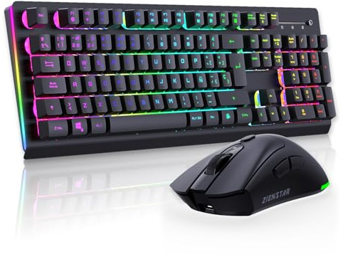 Zienstar-Teclado y Ratón Inalámbrico para Gamer,Aluminio Cepillado,Retroiluminación RGB,Batería Recargable 3800mAh,Teclas de Sensación Mecánica con Ñ
