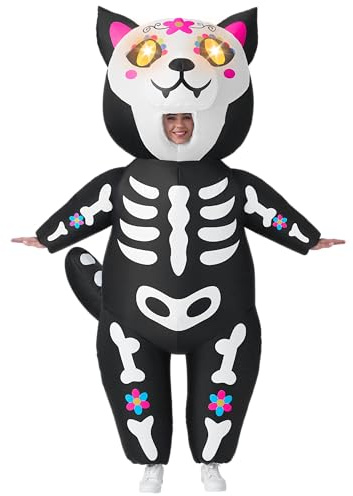 Spooktacular Creations Adults Inflatable Costumes with LED Light Eyes, Full Body Skeleton Kitty Blow Up Costumes for Adults Halloween Cosplay Party