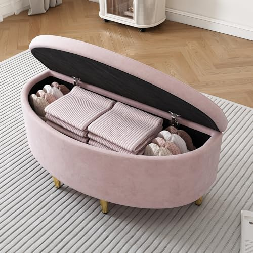 Sapgaks Banc rembourré Boîte de rangement en velours Repose-pieds métal Convient pour couloir, salon, chambre à coucher 90 x 40 x 42 cm, rose
