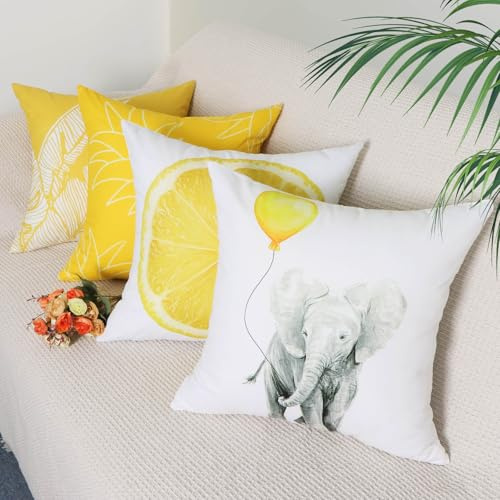 Betadistor Yellow Cushion Covers 45 x 45cm Set of 4 Square Pillow Covers 18 x18 Leaf Fruit Cushion Case Throw Pillow Case for Sofa Bedroom Living Room Decor, Yellow, 506-0118