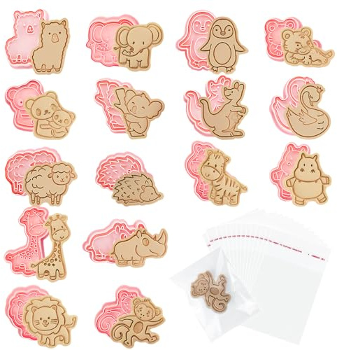 OT-NVWOZR 16 formine per biscotti per bambini, animali, in plastica, con 100 sacchetti autoadesivi, 3D, per biscotti e biscotti