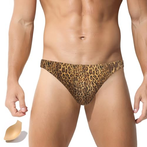Ausing Slip da bagno da uomo, corto, aderente, sexy, mini pantaloni da nuoto, ad asciugatura rapida, classico, motivo leopardato, per nuoto, sport acquatici, spiaggia, piscina, EU S-XL, gold, L