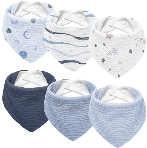 Susurration Babero para bebé triangular de muselina, pañuelo para el cuello para niño y niña, babero ajustable para bebé, 6 unidades, Marrón Rosa, Talla única (Estampado azul)