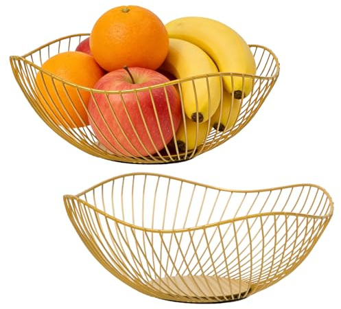 Bofanze 2 Piezas Frutero Dorado Moderno Cesta Fruta Metal Frutero de Cocina | Dorado, con hueco en el centro, grande, bonito, a la moda, ideal para regalar, para fruta, pan, verduras y otros alimentos