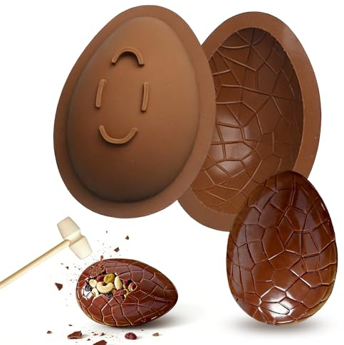 Jonuin Easter Egg Mould, 6 Inch Silicone Chocolate Egg Moulds with 1 Hammer, Fillable with Hidden Treats, 3D Breakable Giant Chocolate Egg Mould for Easter Decorations, Candy, Cake, Dessert (1 Pack)