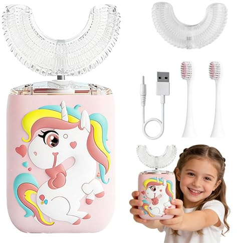 Brosse à Dents Électrique en Forme de U pour Enfants, Brosse à Dents 360°Pour Enfants Avec 2 Têtes De Brosse En Silicone En Forme De U, 3 Modes pour Les Enfants de 2 à 6 Ans. (Licorne)