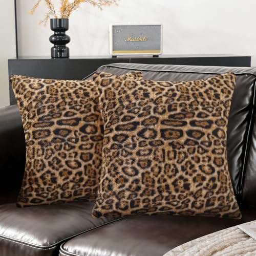 Ystyle Kuddfodral Leopard 60x60 cm 2 Stycken, Fuskpels Jacquard & Samt Vändbar, Prydnadskuddfodral Vintage för Soffa & Säng, Mjukt Kuddöverdrag Med Osynlig Dragkedja, Beige Vit