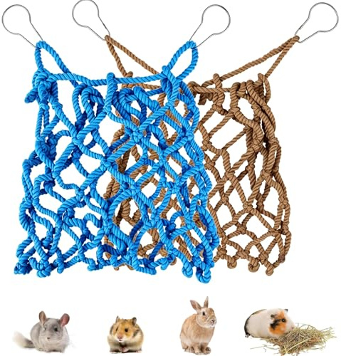 2 Piezas Henera para Conejos, Comedero de Animales Pequeños, 35 x 28 cm, Colgantes, con Ganchos de Metal, Bolsa de Heno para Conejo, Hámster, Animales Pequeños, Aves de Corral (Marrón+Azul Claro)