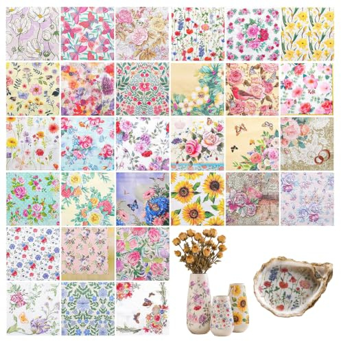 Tapufitil 30 Servilletas Vintage Flores, Servilletas de Motivos Coloridos, Servilletas de Papel Desechables 33x33cm para Fiesta de Jardín, Día de la Madre y Fiestas de Cumpleaños Privadas