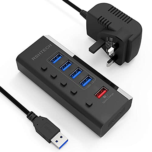 RSHTECH Powered USB Hub 3.0, 5-Port USB 3 Dock with 4x USB3.0 Data Port + 1x Fast Charging Port Portable USB Splitter with 12V/2A 24W Power Supply (RSH-A35)