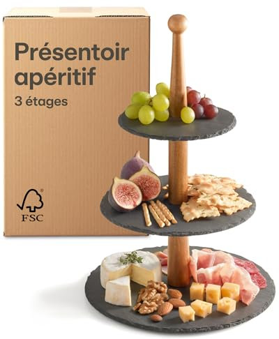 Praknu Etagere 3 Etagen aus Schiefer Schwarz - Servierständer aus FSC® Akazienholz - Vielseitig & Elegant - Für Dessert, Obst, Buffet, Frühstück