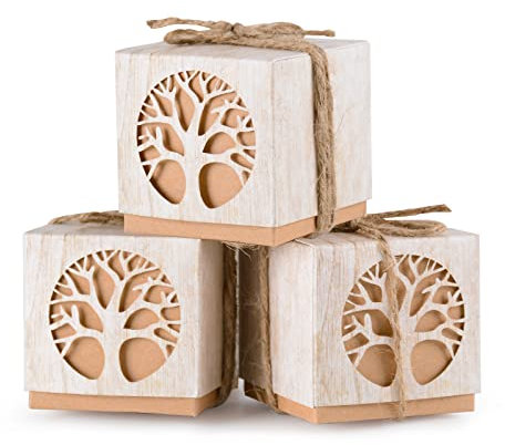 FLOFIA 50pcs Geschenkbox Schachtel Lebensbaum Geschenkschachtel Kraftpapier Süßigkeiten Karton Klein mit 50x Jutekordel Bonboniere Kasten 5x5x5CM DIY Kommunion Taufe Hochzeit Deko