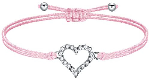 J.Endéar Herz Armband Silber 925 mit Zirkonia für Mädchen Filigrane Kordel Handgefertigter Schmuck, Geburtstag Kommunion Geschenk, Rosa