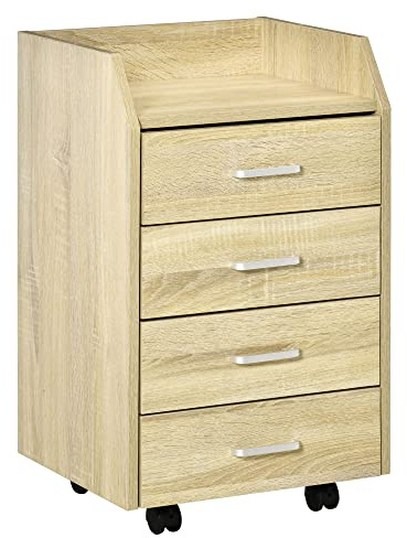 Vinsetto Cajonera de Escritorio con Ruedas, Cajonera de Oficina con 4 Cajones, Archivador Móvil para Estudio, Salón, para Debajo del Escritorio, 40x36x65 cm, Natural