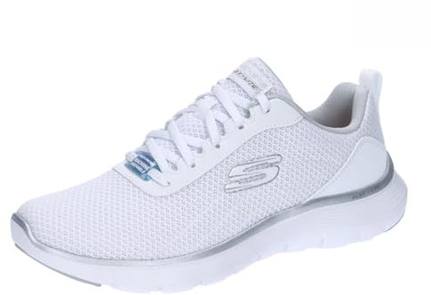 Skechers Damen Sneakers, Weißes Netz, silberfarbene Zierteile, 38 EU