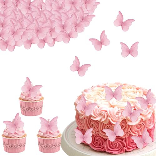 DazzJoy Schmetterlinge Tortendeko: Rosa Schmetterling Cake Topper, 48 Stück, Essbar für Geburtstag und Hochzeit, Cupcake Topper