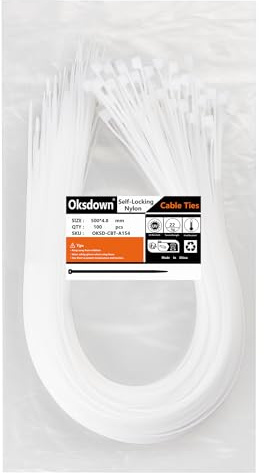 Oksdown 100 Pack White Plastic Cable Ties 500mm×4.8mm Strong Nylon Heavy Duty Self Locking 20 inch/50 cm Long Zip Tie Wraps
