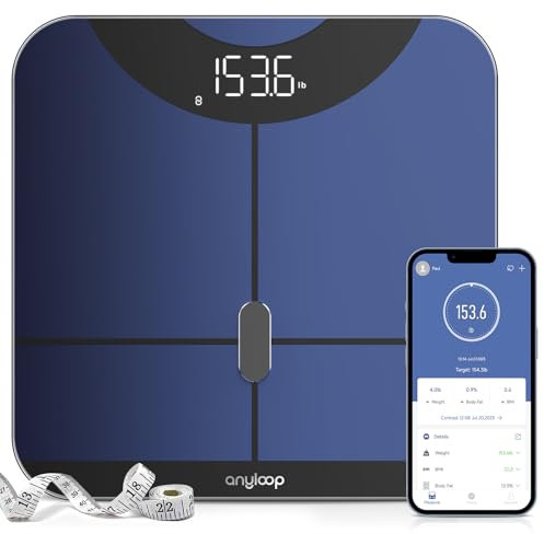 Anyloop Körperfettwaage Waage Personen Personenwaage Digital Mit APP 180 kg/400 lbs,Körperwaage Digital Bluetooth Körperanalysewaage für Körperfett,Gewicht,BMI,Pulsschlag,Muskelmasse,Protein,BMR,usw.