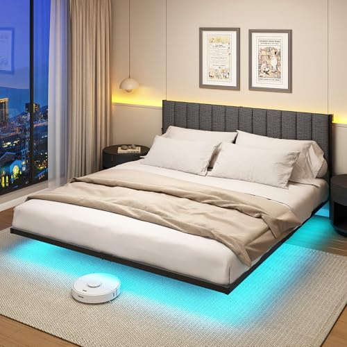 DUMEE Double Bed Frame with Upholstered Headboard, 4ft6 Floating Bed Frame with Charging Station and LED Light, Metal Slats Support, No Box Spring Needed,Gray Double Bed