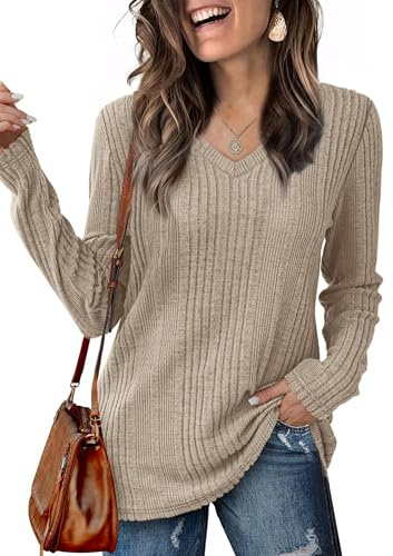 GLEENOD Jerséis para Mujer Cuello en V con Botones Tops de Manga Larga Suéter Ligero Túnicas Basica Pullover Camisetas
