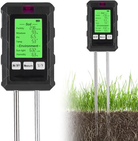Vegena Dispositivo di prova del suolo 6 in 1, misuratore di umidità per piante con fertilità del suolo/umidità/pH/temperatura/luce solare/umidità ambientale, misuratore di terreno per giardinaggio