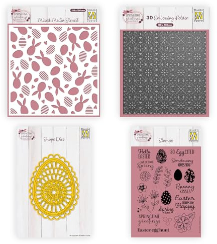 Nellie’s Choice Stansmall, Schablon, Präglingsmapp och Silikonstämplar – 22 Styck med Vår- och Påskmotiv – Pyssel och Hantverk material för Scrapbooking, Journaling, DIY och Pappershantverk