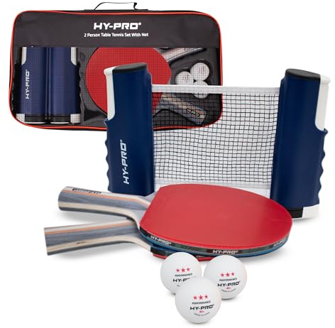 Hy-Pro Table Tennis Set – 2 Person Portable Ping Pong Set with Retractable Table Tennis Net, 2 Bats, 3 Balls & Carry Case, Quick Setup, Up to 170 cm Extendable Net, Indoor & Outdoor, Travel Ready