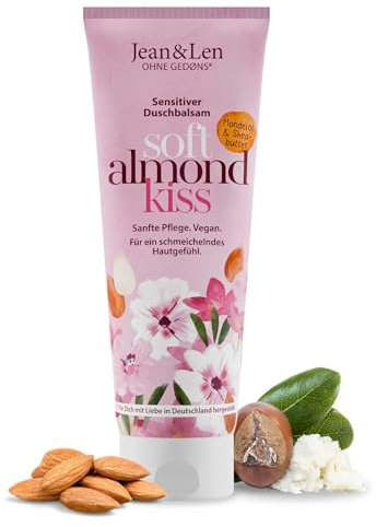 Jean & Len Bálsamo de Ducha Sensitive Aceite de Almendras y Manteca de Karité, limpia la piel suave y cuidadosamente, para pieles secas y sensibles, sin parabenos ni siliconas, vegano, 250 ml
