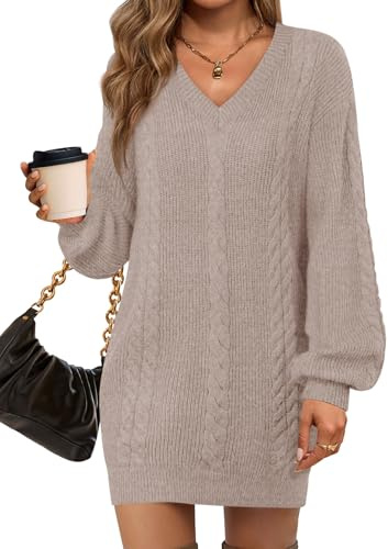 Saodimallsu Womens V Neck Mini Sweater Dress Cable Knit Long Lantern Sleeve Casual Loose Fall Tunic Pullover Sweaters Khaki