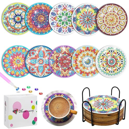 muhogxio 10PCS Posavasos con Soporte, Posavasos de Pintura Diamantes de Arte de Diamantes con Mandala Antideslizantes, Tazas, Jarrones, Velas, Regalo de Inauguración para Cumpleaños, Salón