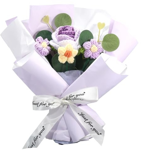 SUNNYCLUE 1 scatola di Fiori All'Uncinetto Bouquet di Fiori Artificiali Blu Lavorati A Maglia con Squisita Coperta Finta Rosa Foglia Verde Decorazione per La Festa Della Mamma Compleanno Decorazione p