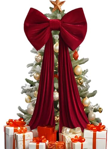 Fiocco puntale per albero di Natale, fiocchi extra large in velluto rosso 60x260 cm, facile da montare, puntale gigante per albero di Natale per decorazioni natalizie e feste di nozze