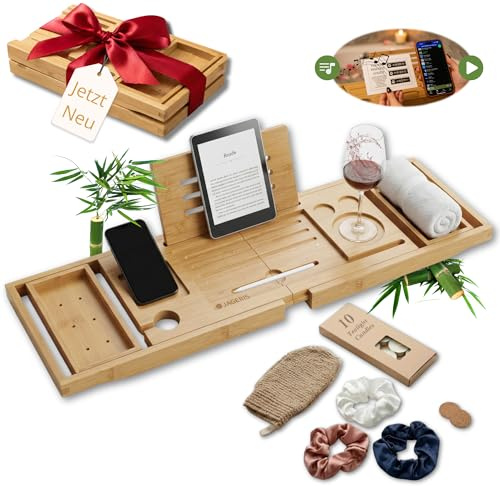 Jageris Badewannenablage aus Bambus mit 17er Relax Set - Ausziehbar 75-105cm - inkl. Playlist, Spa-Set, Tablet, Handy - Getränkehalter, 10 Teelichter - Wasserabweisend & rutschfest - Badewannenbrett