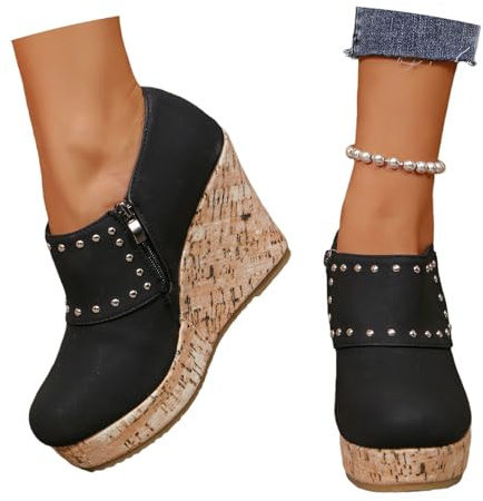2026 Stivaletti Primaverili Con Borchie Stivaletti Casual Da Donna In Pelle PU Stivali Corti Con Plateau E Cerniera Scarpe Alla Caviglia Vintage In Stile Britannico Con Tacco A Zeppa(Black,39 EU)