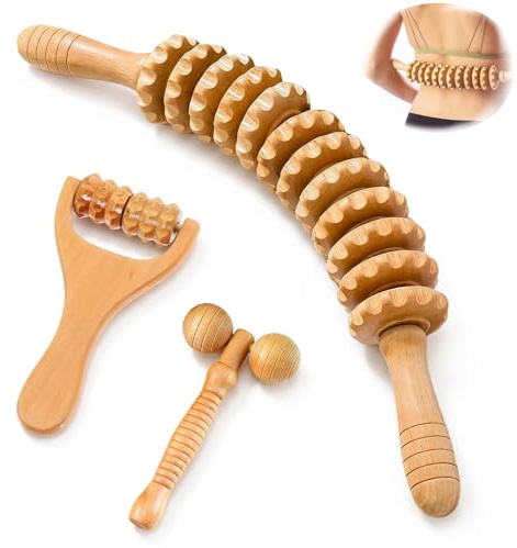Dexpally träfasciastavar, 3 stycken fasciarullar för rygg, nacke, ben och lymfdränering, massagerulle med handtag för muskelavslappning, lindrar trötthet och celluliter för hem, resor, kontor