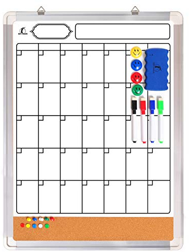 Dry Erase Calendar for Wall - Whiteboard Calendar with Cork Board 18 x 24 in - Monthly White Board Planner Magnetic with Eraser, 4 Markers, 4 Magnets & Push Pins - Large Organizer for Home and Office