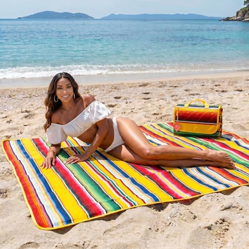 Serviette de Plage - Drap de Bain - Mer, Sauna, Spa, Yoga, Piscine, Pique-Nique - Fouta Mexicaine - 100% Coton à Rayures - Douce, Absorbante & Durable - Tapis Anti Sable - Grande Taille XL 120x200cm