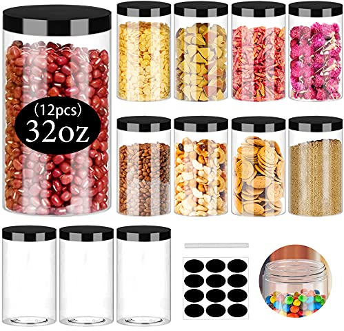 SLifeJars Clear Plastic Jars 32oz 12Pack Big Round PET Plastic Containers with Black Screw On Lids Reusable Empty Storage Jars with Lid Clear Containers for Household and Kitchen Organizing